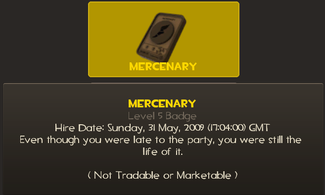 My Mercenary medal showing a first play date of 31 May 2009